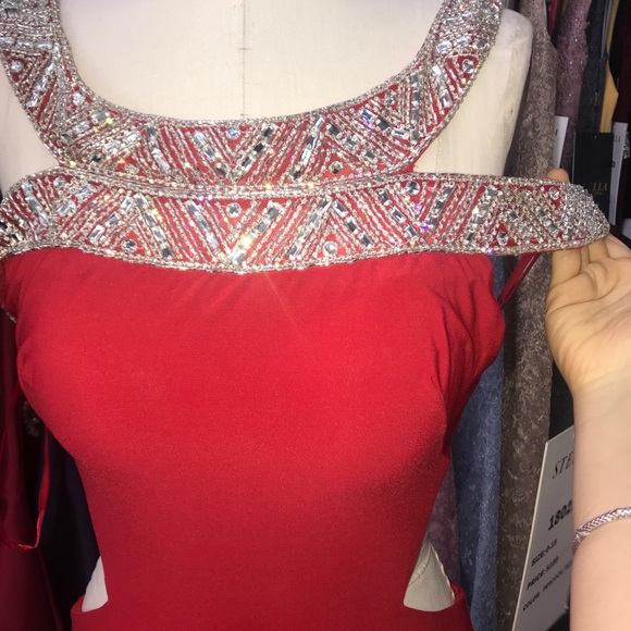 Red off the shoulder beaded gown 18021 - Picture 5 of 8